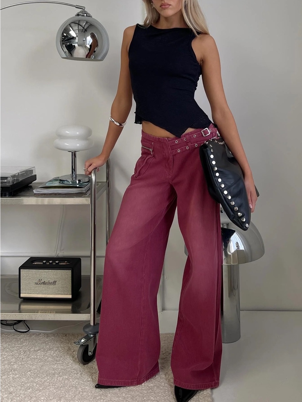 Princess Polly Wide-Leg Mid-Rise Cargo Jeans in Burgundy